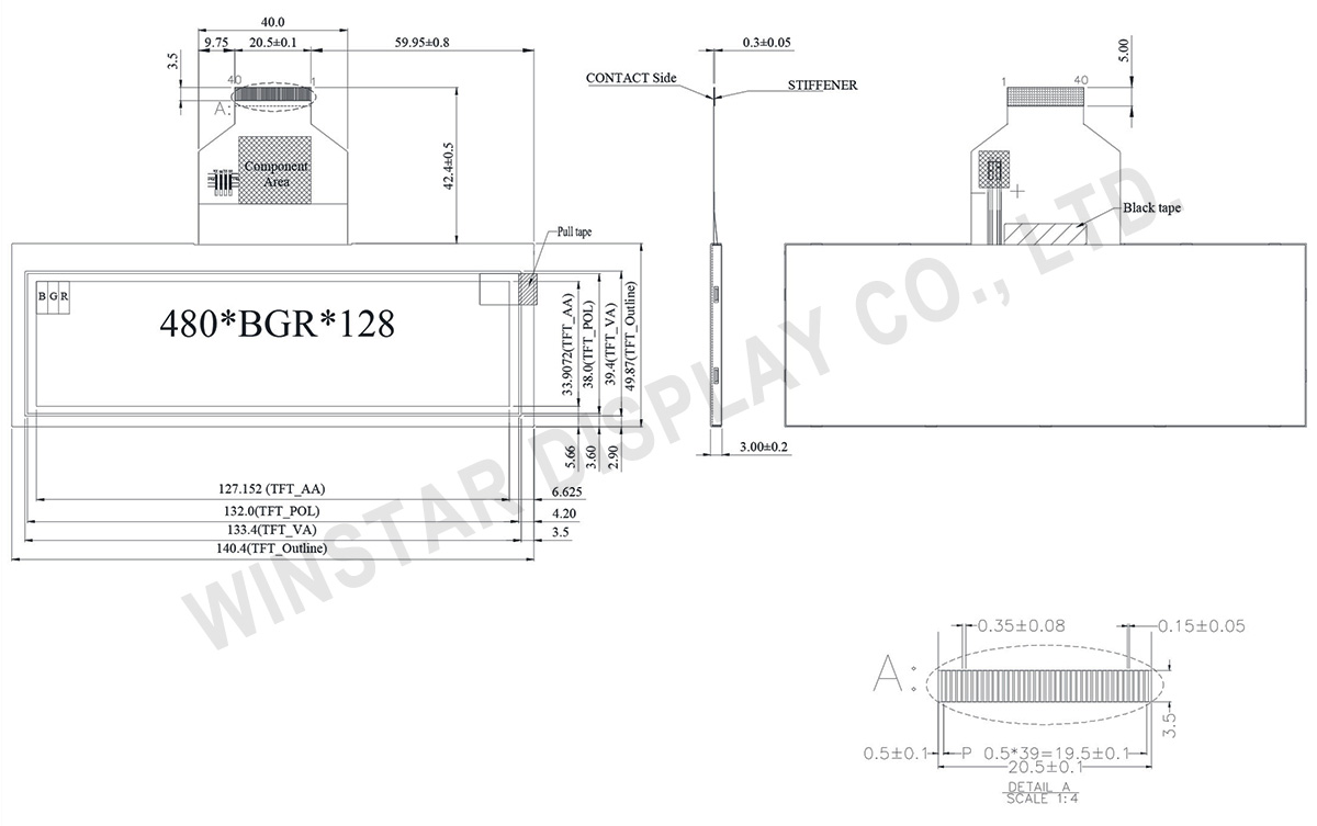 5.2" 480x128 Top View Direction Stretched Bar TFT LCD Display - WF52BTIASDNN0