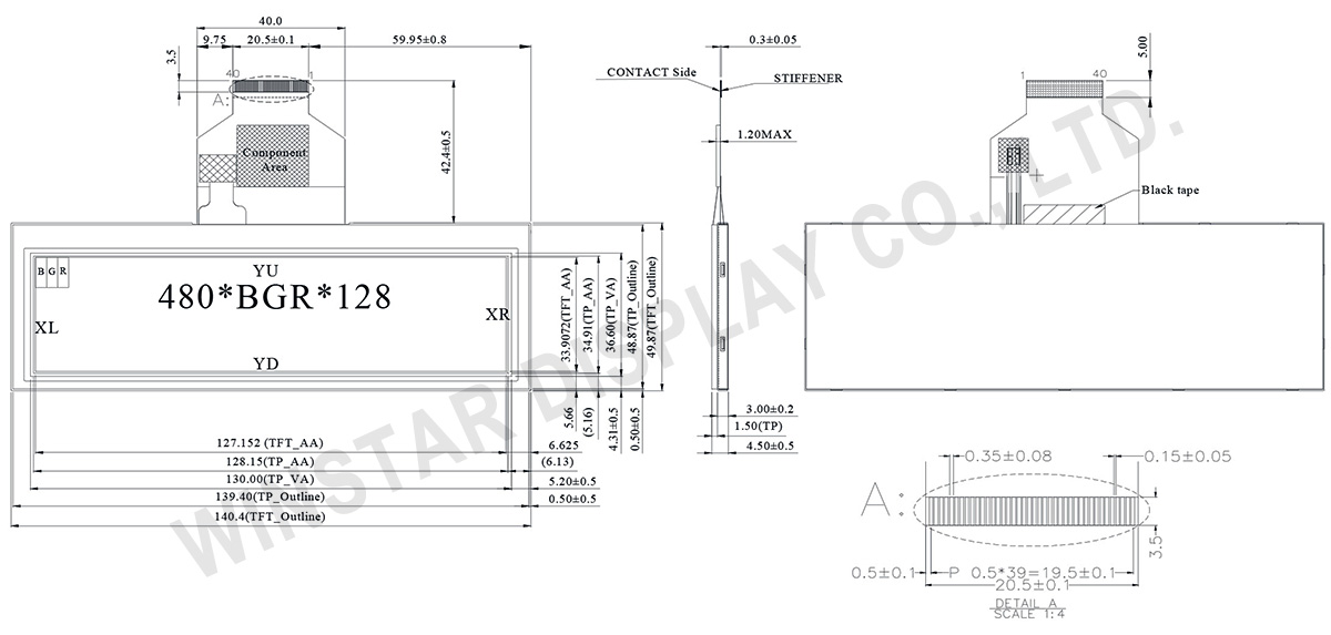 5.2" 480x128 Top View Direction Stretched RTP TFT LCD - WF52BTIASDNT0