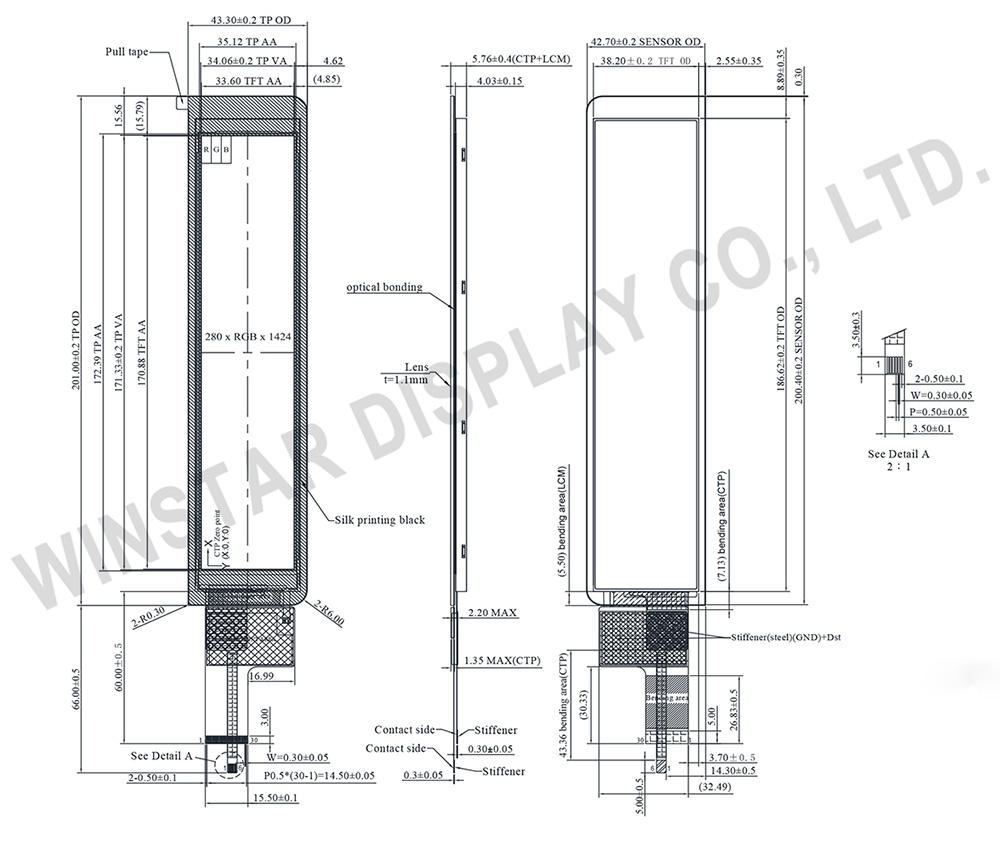 7-inch 280x1424 Bar Type IPS TFT-LCD Display with PCAP - WF70C9SYAB4MNC10