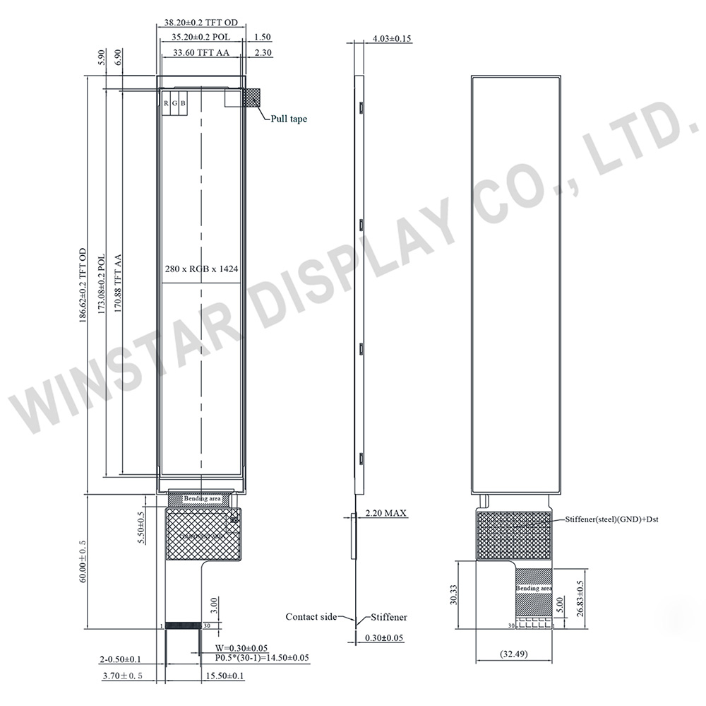 7-inch 280x1424 high-brightness Bar Type IPS TFT-LCD Display - WF70C9SYAB4MNN0