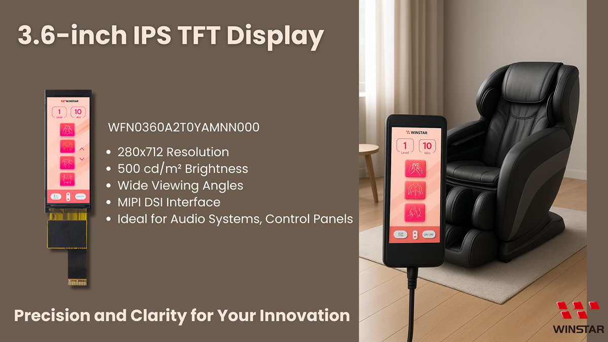 3,6-Zoll IPS TFT Display - Ideal für Audiosysteme, Bedienfelder - WFN0360A2T0YAMNN000