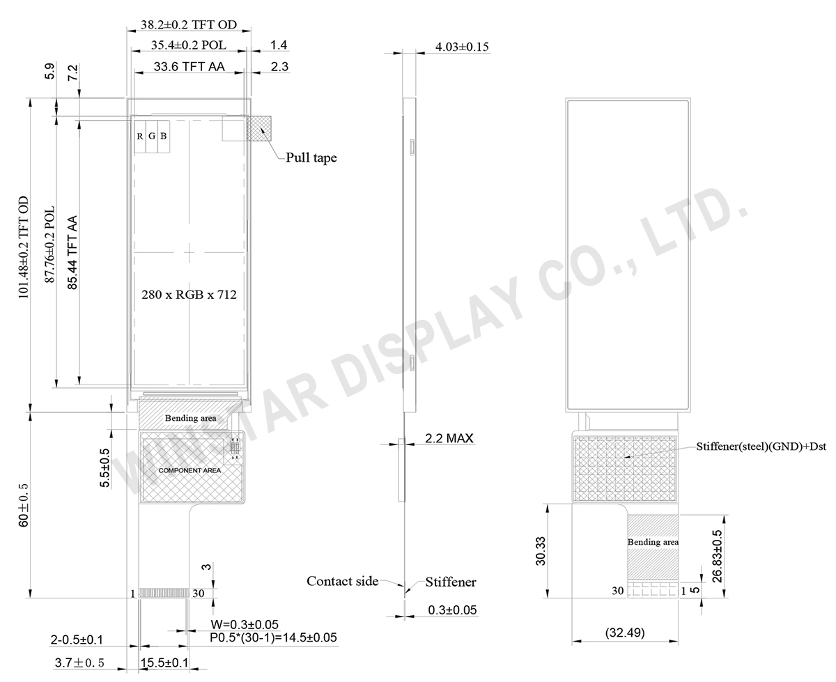 3.6 TFT, 3.6 inch TFT LCD, 3.6-inch 280×712 Bar Type IPS TFT-LCD Display - WFN0360A2T0YAMNN000