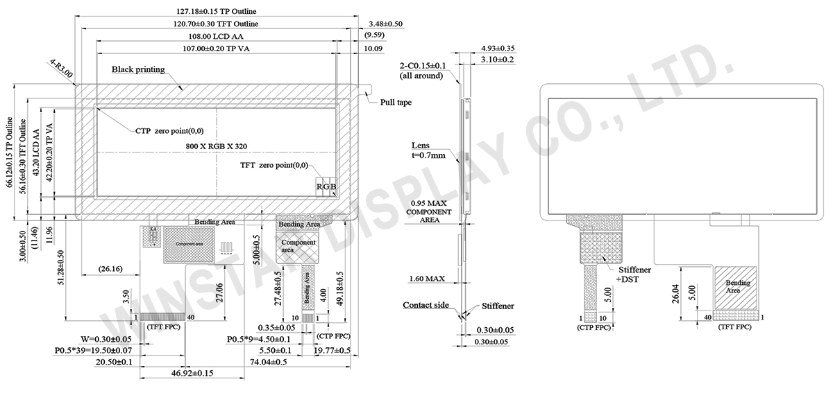 4.6-inch IPS TFT LCD, 4.6 Screen – 800x320 Bar Type with Capacitive Touch (850 nits) - WFN0460B2S0YADNC000