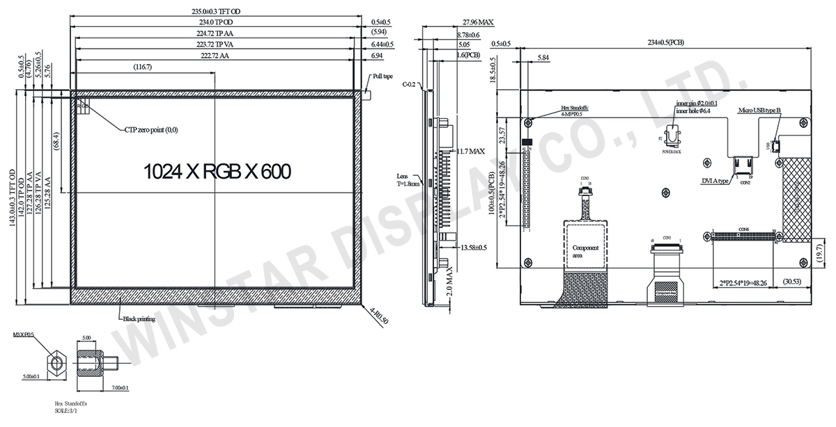 10.1 inch 1024x600 IPS PCAP TFT LCD Support HDMI Connector - WF101JSYFHLHBV