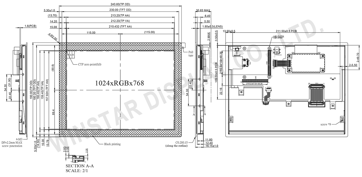 1024x768 HDMI, 10.4 inch 1024x768 HDMI (DVI Signal) TFT LCD Display with PCAP - WF104GSWFMLHBV