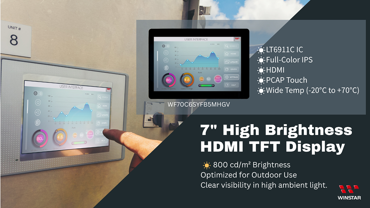 7インチ高輝度HDMI TFTディスプレイ | 800 cd/m²輝度、屋外使用に最適、高輝度環境でも明確な視認性。