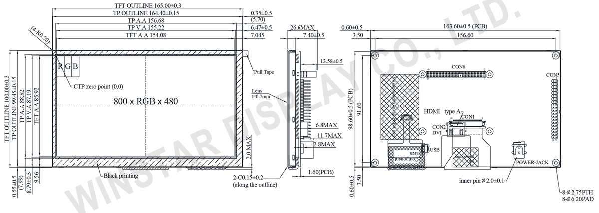 7-inch 800x480 TFT-LCD Display with HDMI (DVI Only) and PCAP Touch - WF70D3TIFGDHGV