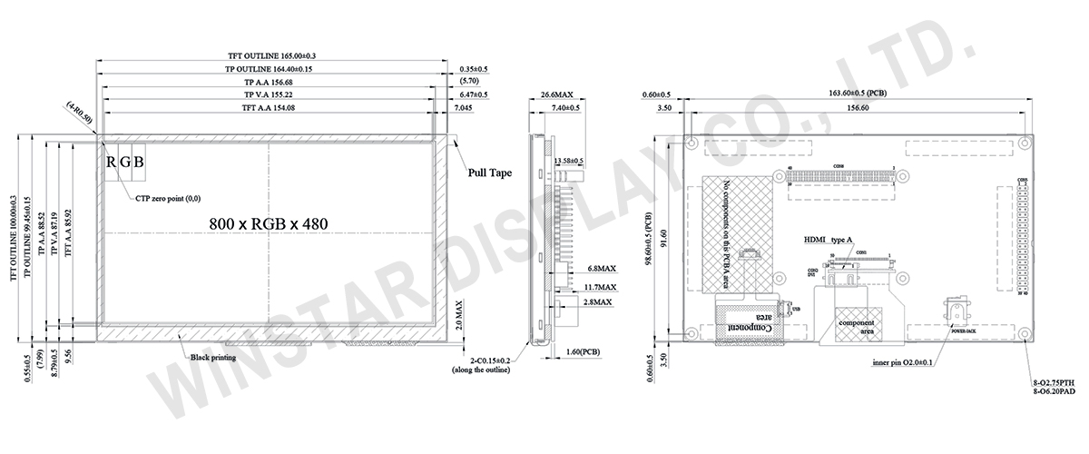 7-inch 800x480 TFT-LCD Display with HDMI (DVI Only) and PCAP Touch - WF70D3TIFGDHGV