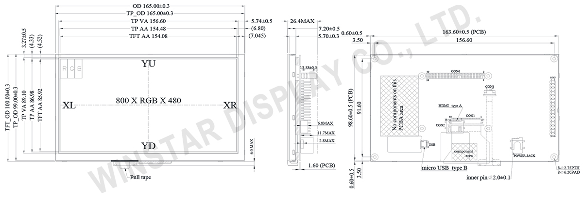 7-inch 800x480 TFT LCD Display with HDMI (DVI) and Resistive Touch - WF70D3TIFGDHTV