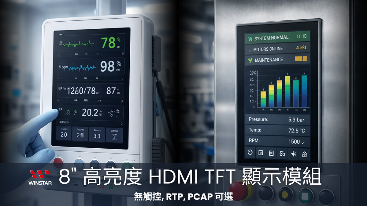 8吋高亮度 HDMI TFT 显示模块 | 无触控, RTP, PCAP 可选
