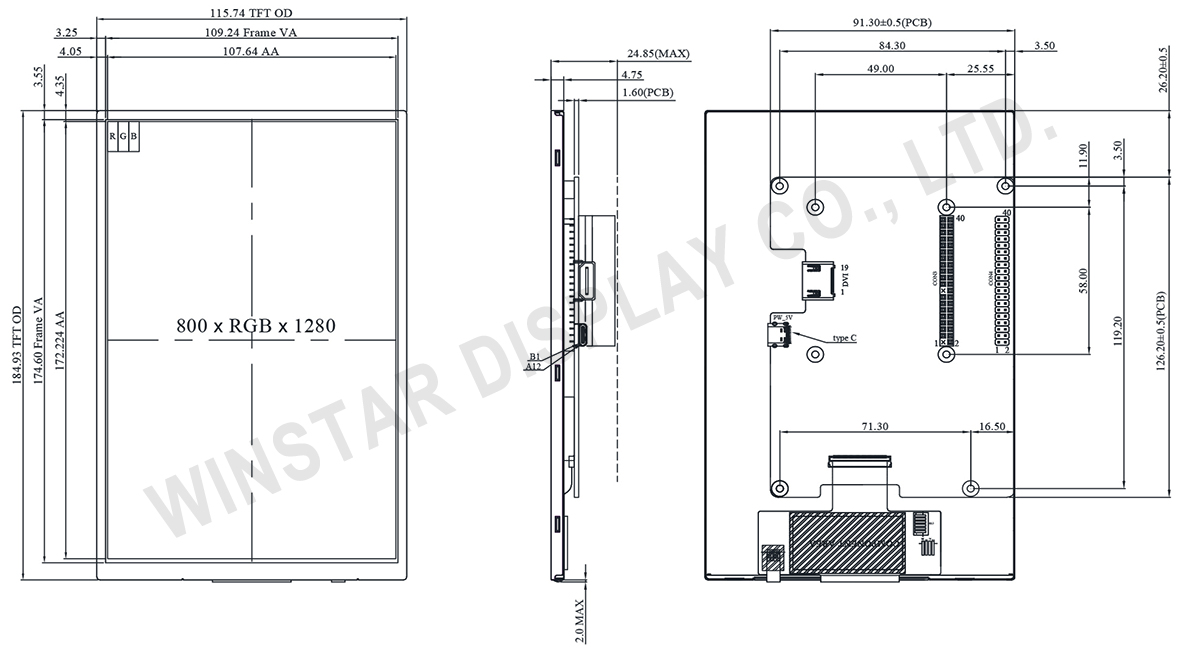 8-inch HDMI TFT Display 800x1280 - WF80GSYFUMHNV