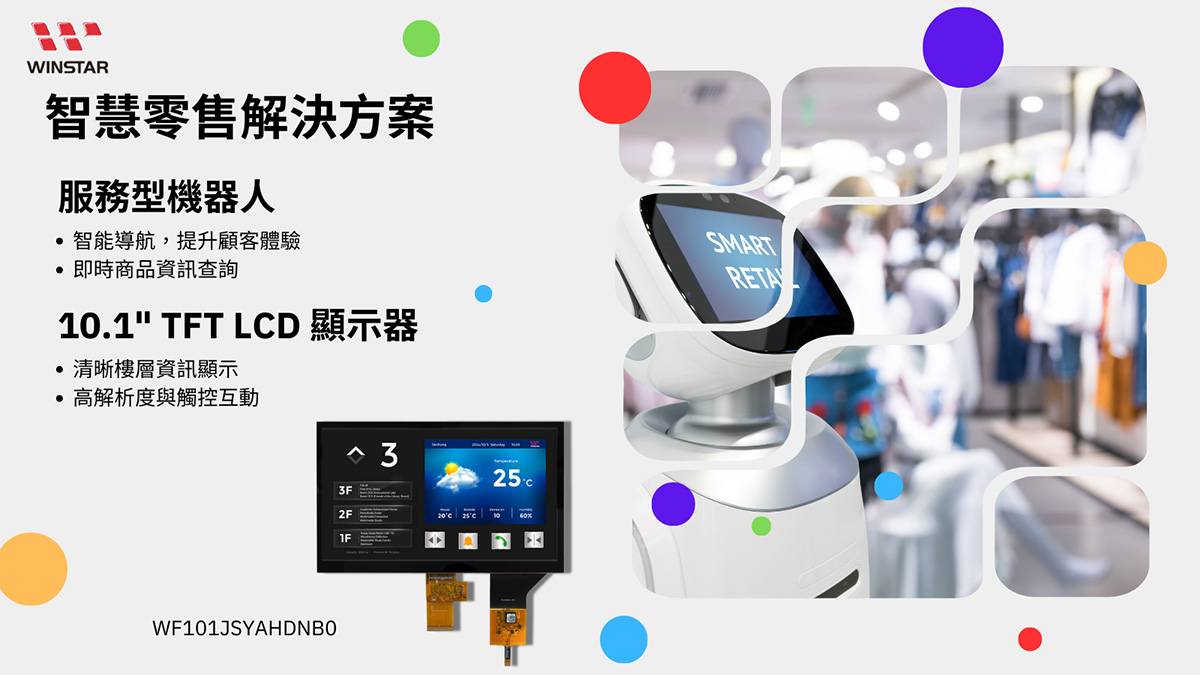智慧零售解決方案-服務型機器人: 智能導航，提升顧客體驗, 即時商品資訊查詢。WF101JSYAHDNB0 TFT 顯示模組；清晰樓層資訊顯示, 高解析度與觸控互動。