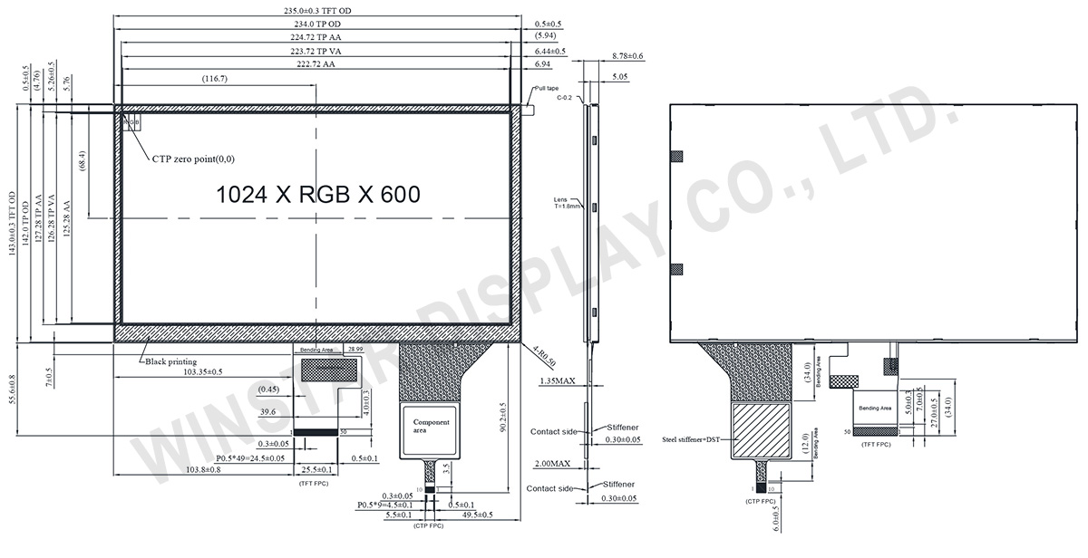 10.1 inch 1024x600 IPS TFT LCD Module with RGB and Capacitive Touch - WF101JSYAHDNB0