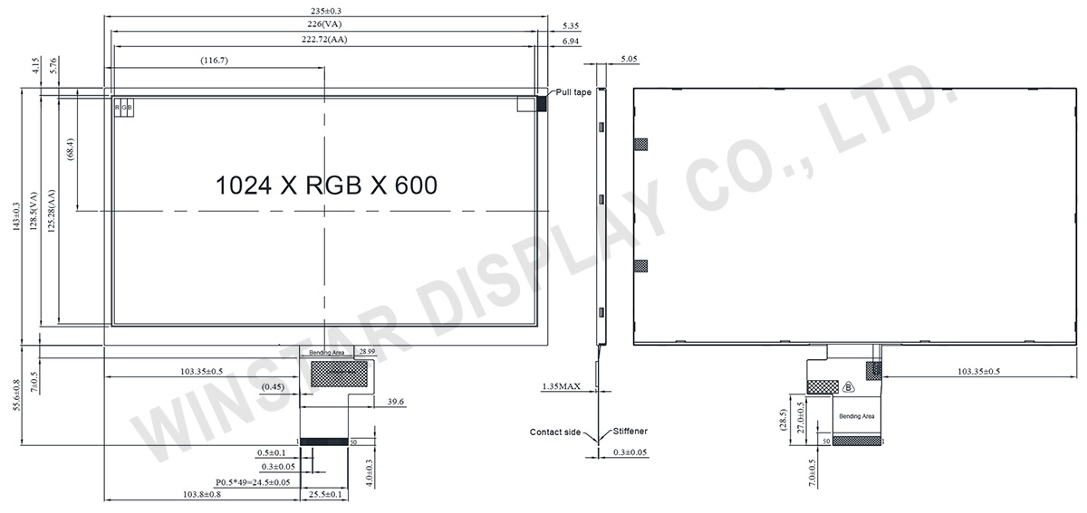 10.1 inch 1024x600 High Brightness IPS TFT LCD Module with RGB Interface - WF101JSYAHDNN0
