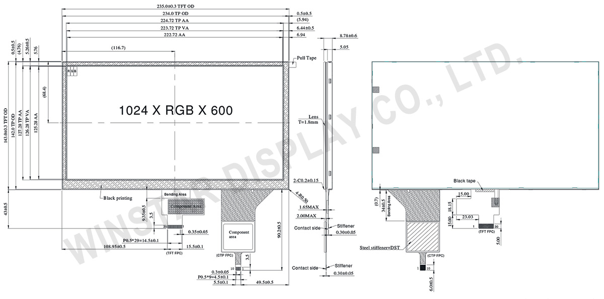 High Brightness 10.1 inch IPS MIPI TFT Display 1024x600 with PCAP - WF101JSYAHMNB0