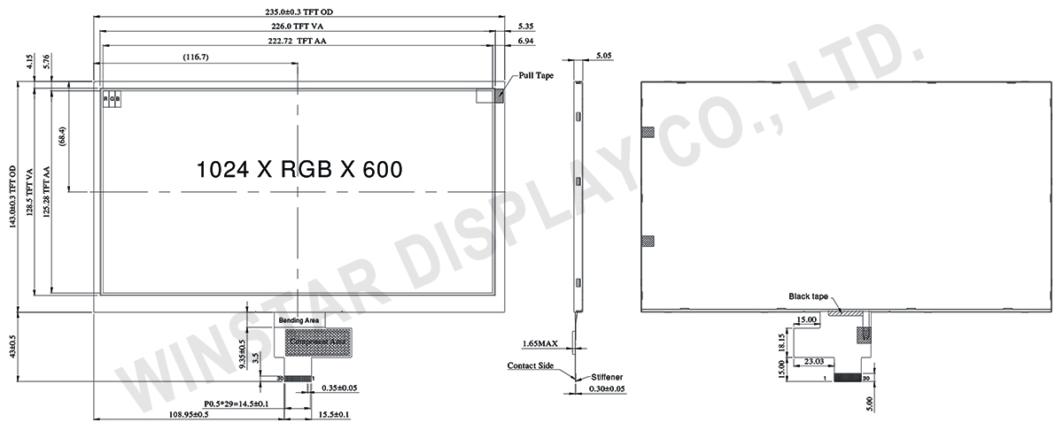 10.1 inch 1024x600 High Brightness MIPI IPS TFT Display - WF101JSYAHMNN0