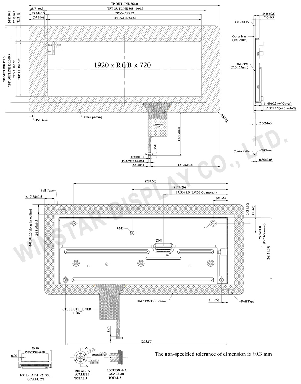 12.3 inch TFT High Brightness Display 1920x720 with PCAP, LVDS Interface - WF123BSWAYLNB0