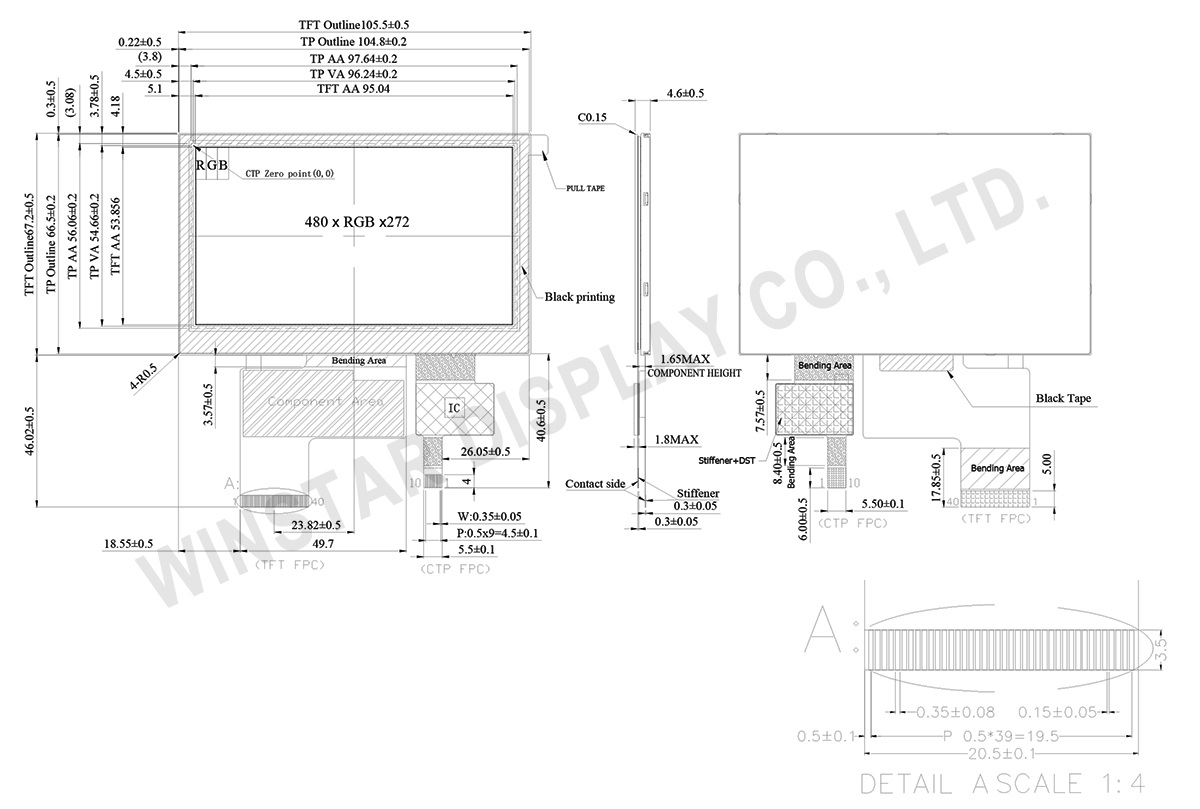 Winstar 4.3 Sunlight Readable CTP TFT LCD Display - WF43GSIAEDNGD