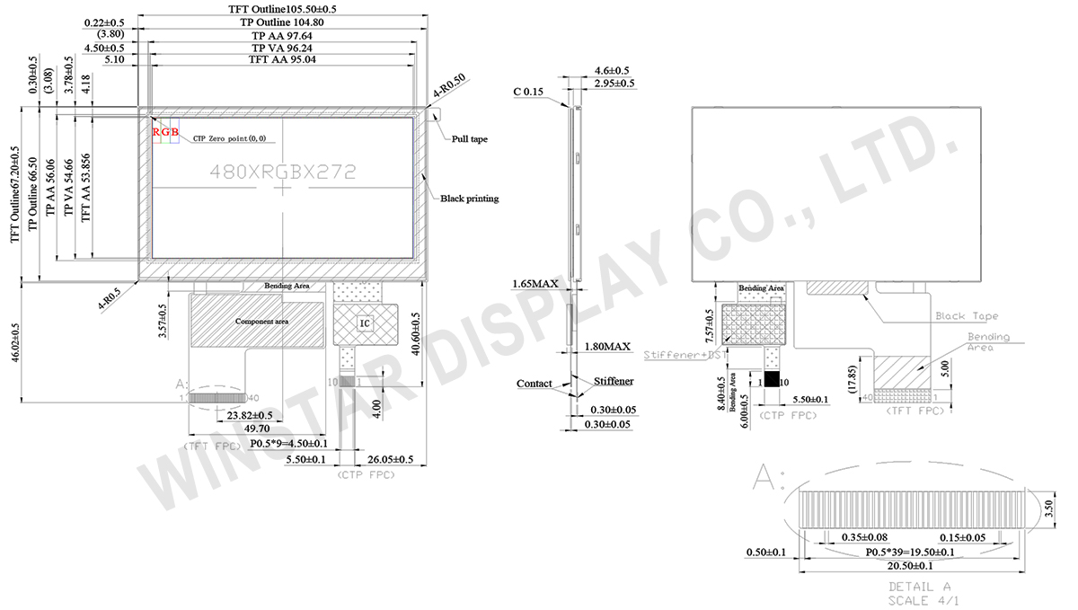 4.3 inch High Brightness PCAP TFT LCD Display - WF43VSIAEDNGA