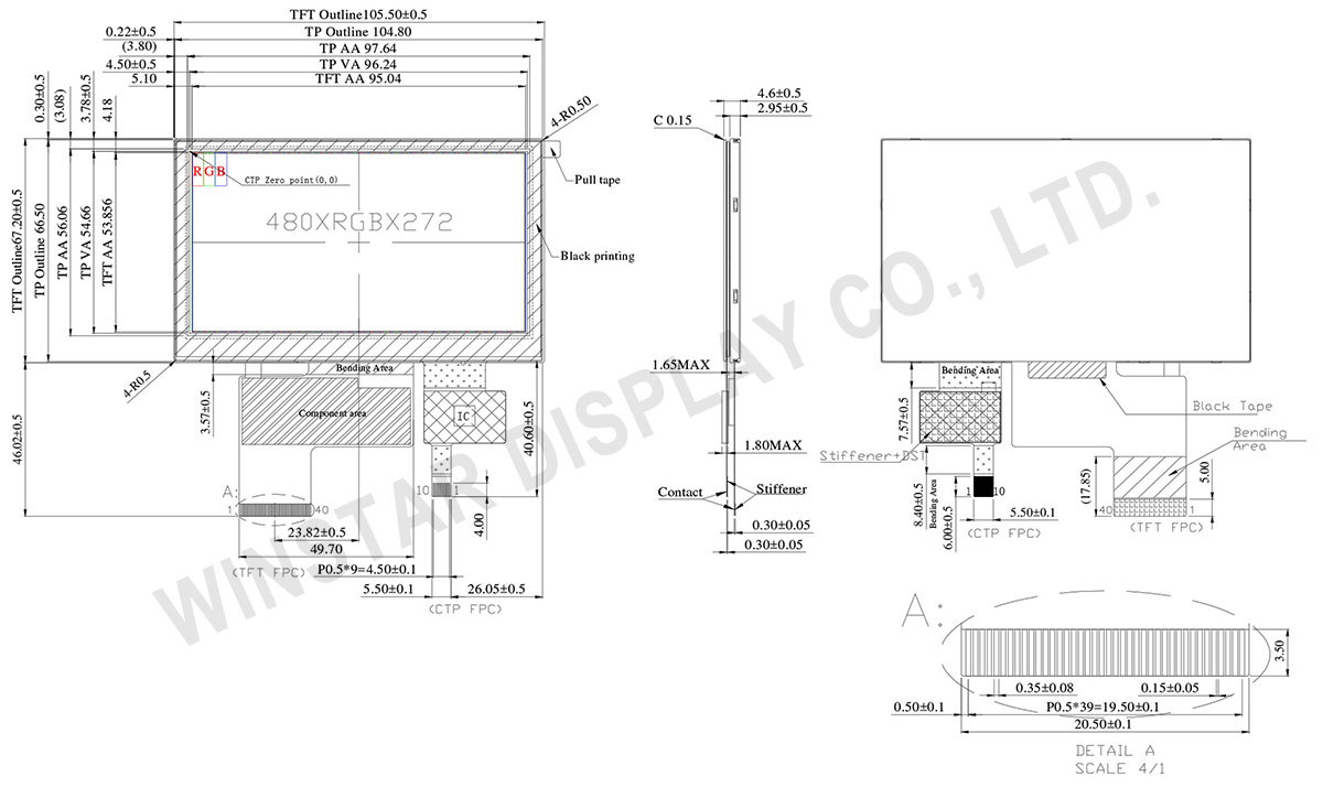 4.3 inch High Brightness PCAP TFT LCD Display - WF43VSIAEDNGA