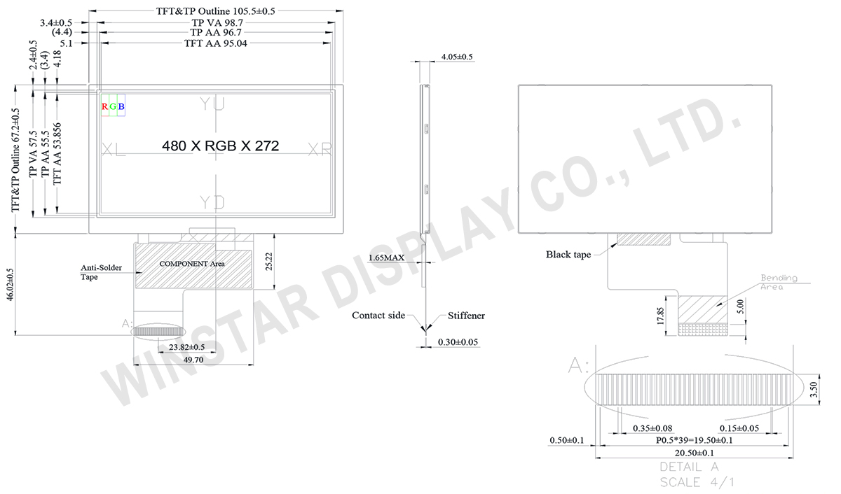 4.3 inch High Brightness RTP TFT LCD Display - WF43VSIAEDNT0