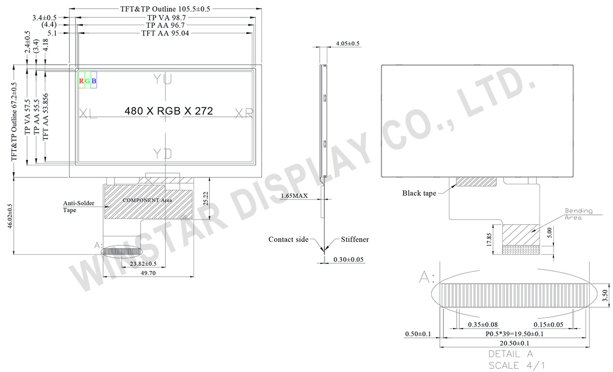 4.3 inch High Brightness RTP TFT LCD Display - WF43VSIAEDNT0 - Winstar