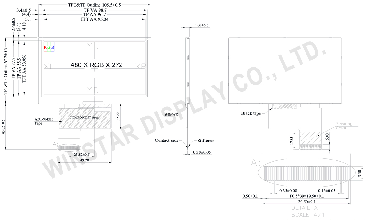 4.3-inch High Brightness TFT LCD with Resistive Touch Panel & O-Film - WF43VSZAEDNT0