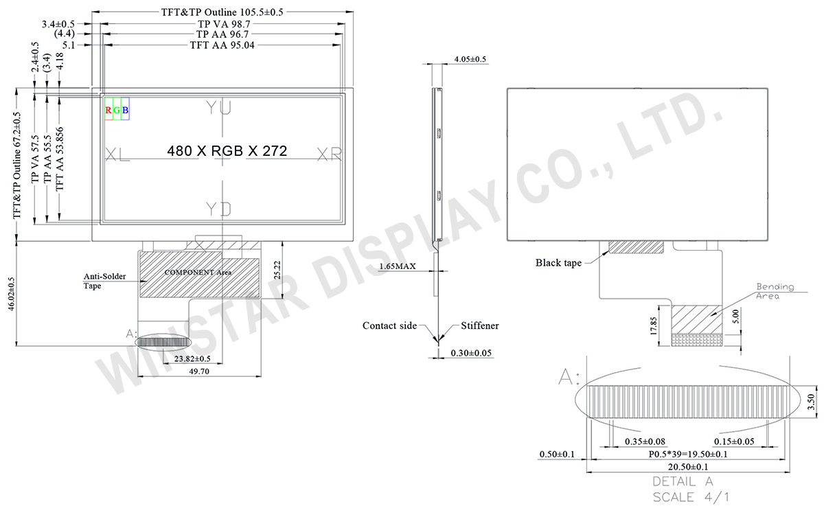 4.3-inch High Brightness TFT LCD with Resistive Touch Panel & O-Film - WF43VSZAEDNT0