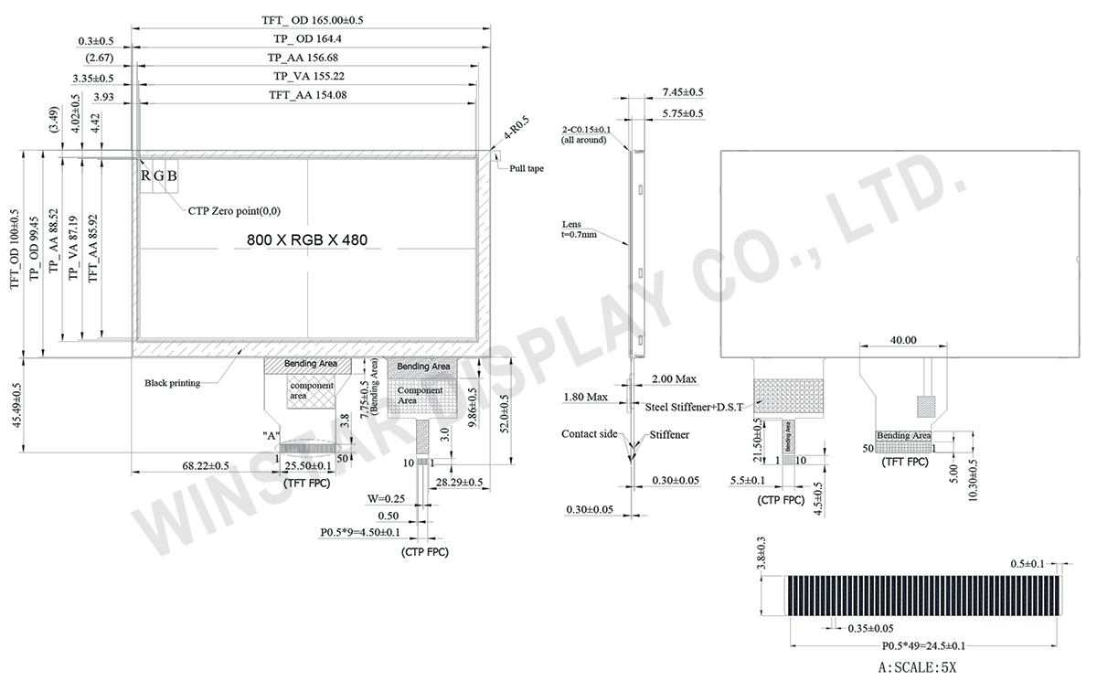 7-inch 800x480 High Brightness PCAP TFT LCD Display - WF70D3SIAGDNG0