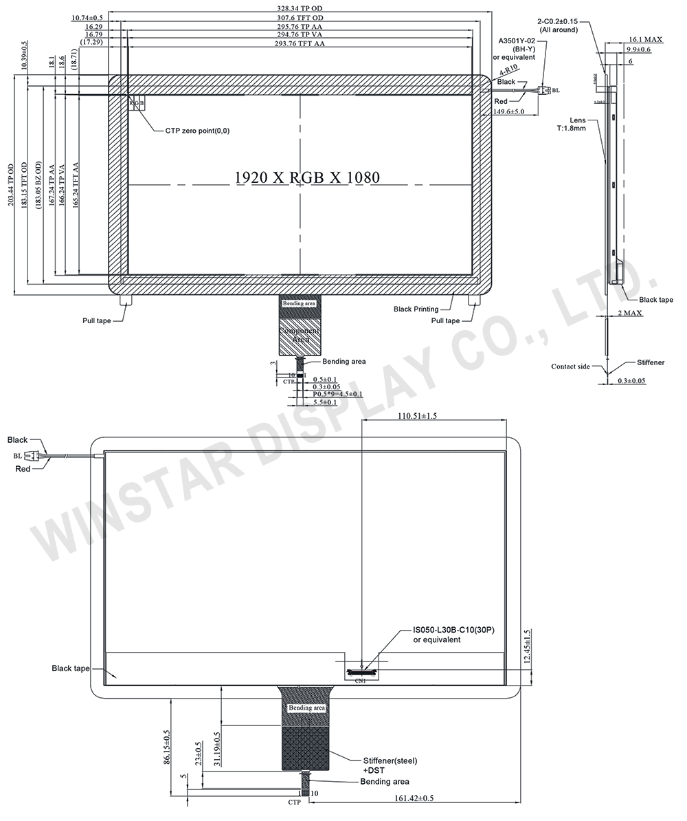 13.3-inch Full HD IPS TFT LCD Display Module (1920x1080) – High Brightness & PCAP Touch - WFN1330A2S0YAENB000