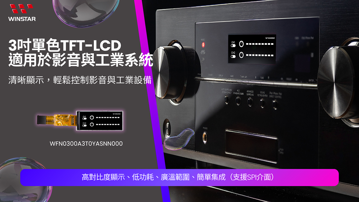 3吋單色TFT-LCD適用於影音與工業系統 | 清晰顯示,輕鬆控制影音與工業設備