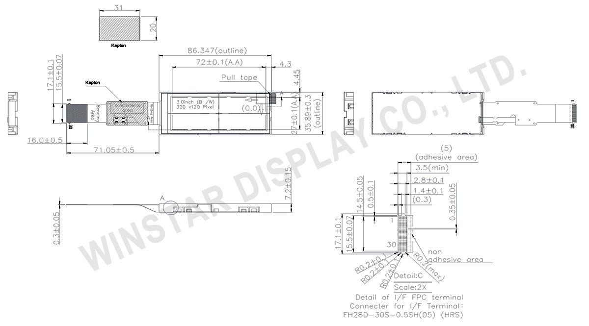 3 inch TFT LCD Display, 3-inch 320x120 Mono TFT-LCD Display - WFN0300A3T0YASNN000