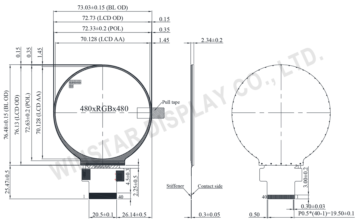 2.76-inch Round TFT LCD Display Module with 480x480 Resolution - WFN0276A2T0YADNN000