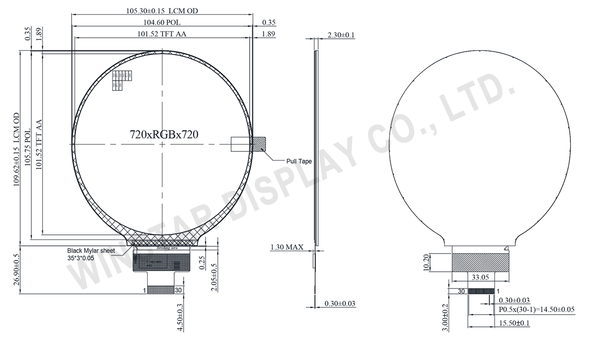 720x720 Display, Round 720x720 TFT LCD Display Module - WFN0400A2T0YAMNN000