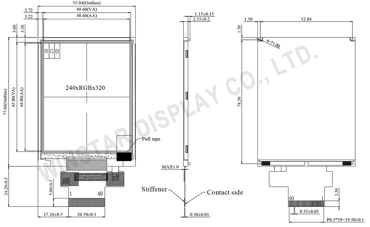 3.2 inch Portrait 240x320 TFT LCD Module - WF32DTLAJDNN0