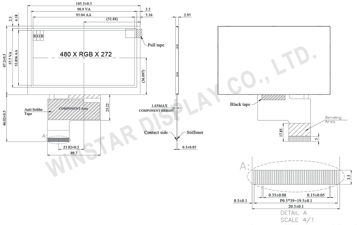 4.3" 480x272 Resolution TFT LCD Module - WF43VTIAEDNN0 - Winstar Display