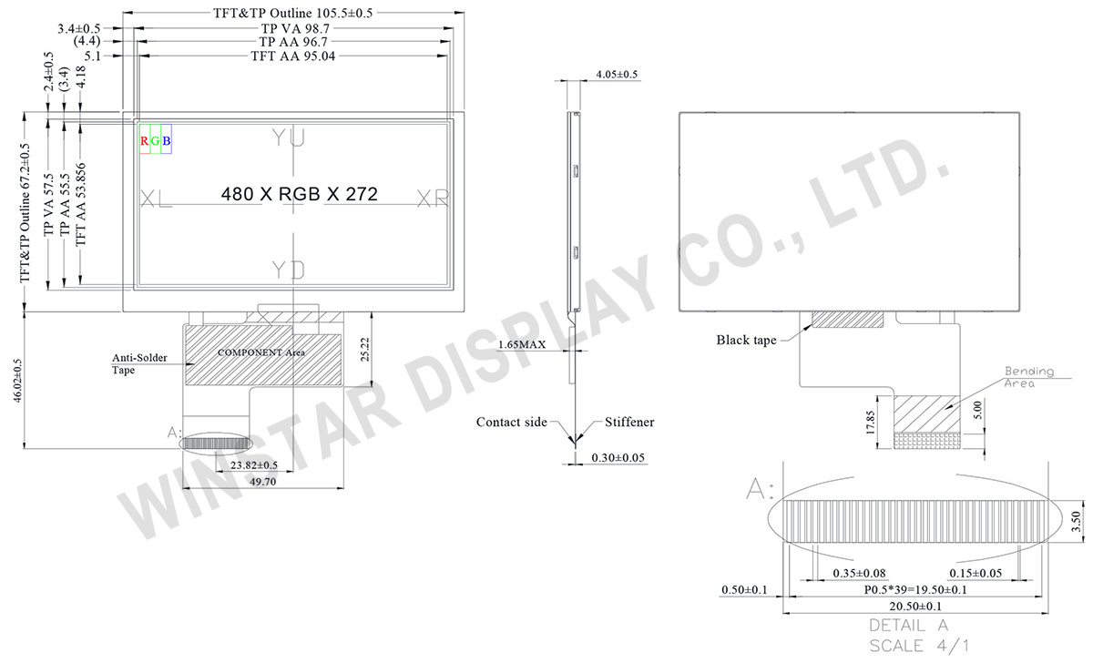 WINSTAR 4.3 inch Resistive Touch Panel TFT LCD - WF43VTIAEDNT0