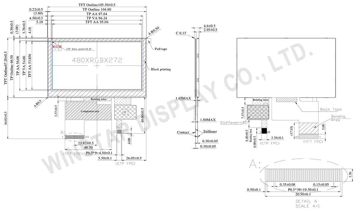 4.3-inch 480x272 Wide-angle O-Film TFT LCD Module with Capacitive Touchscreen - WF43VTZAEDNGA