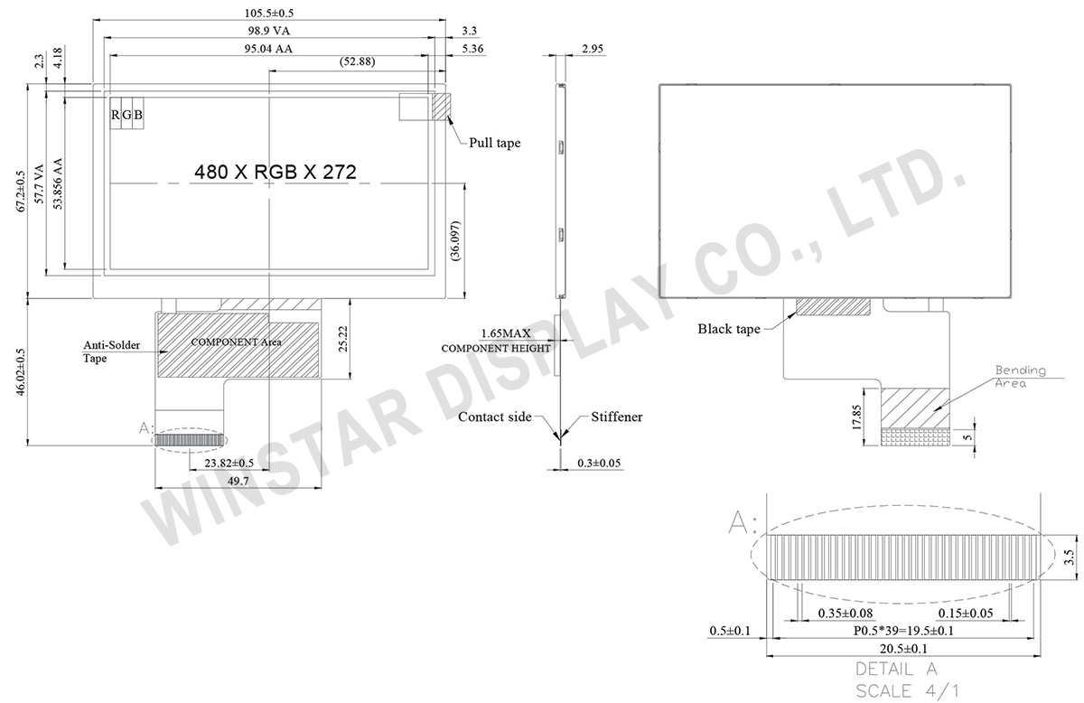 4.3-inch 480x272 Wide-angle O-Film TFT LCD Module - WF43VTZAEDNN0