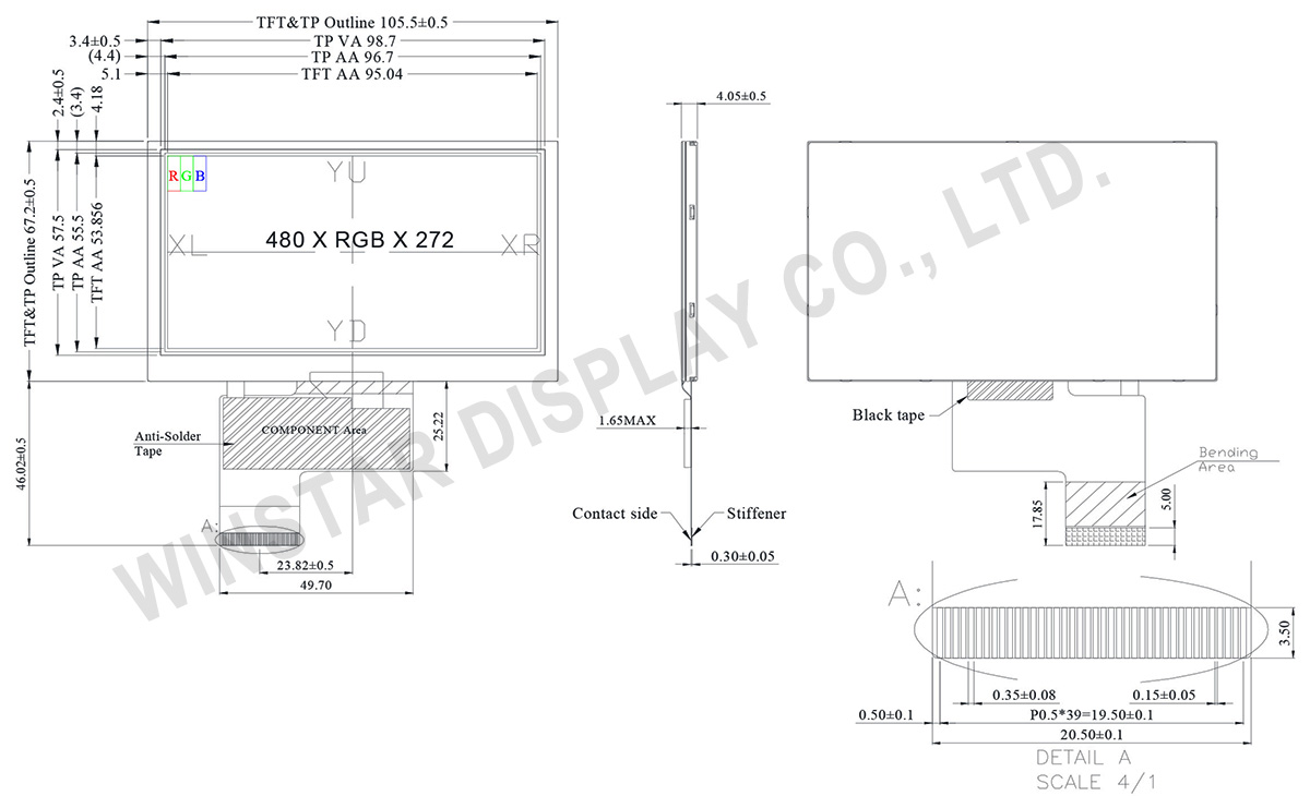 4.3-inch 480x272 Wide-angle O-Film TFT LCD Module with Resistive Touchscreen - WF43VTZAEDNT0