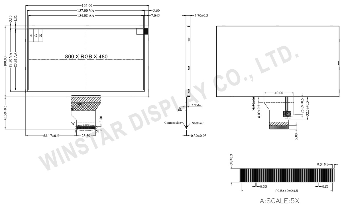  7 inch 800x480 TFT LCD Display Module - WF70A2TIAGDNN0