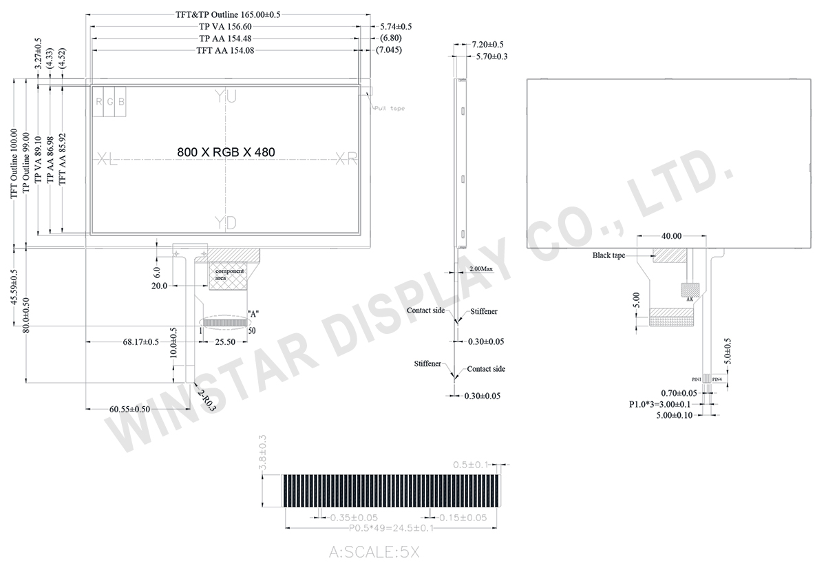 7 inch TFT Touch Screen Display Module, Touch Screen LCD Display - WF70B4TIAGDNT0