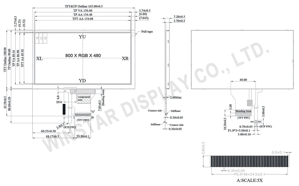 7-inch 800x480 TFT LCD Display with Resistive Touch Panel - WF70D3TIAGDNT0