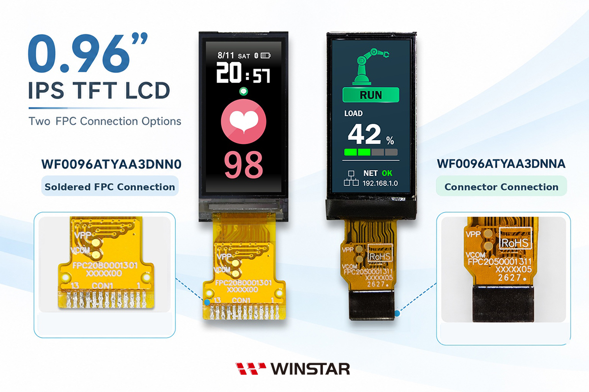 0.96인치 IPS TFT LCD, 두 가지 FPC 연결 방식: WF0096ATYAA3DNN0은 납땜형 FPC 연결, WF0096ATYAA3DNNA는 커넥터 연결.