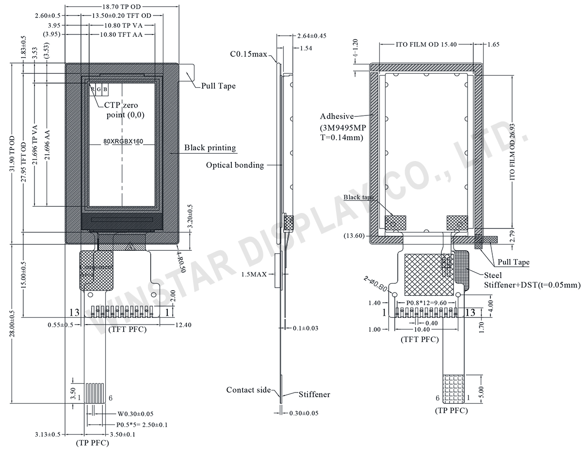 0.96 inch 80x160 TFT LCD Display with Projected Capacitive Touch Panel - WF0096ATYAA3DNF10