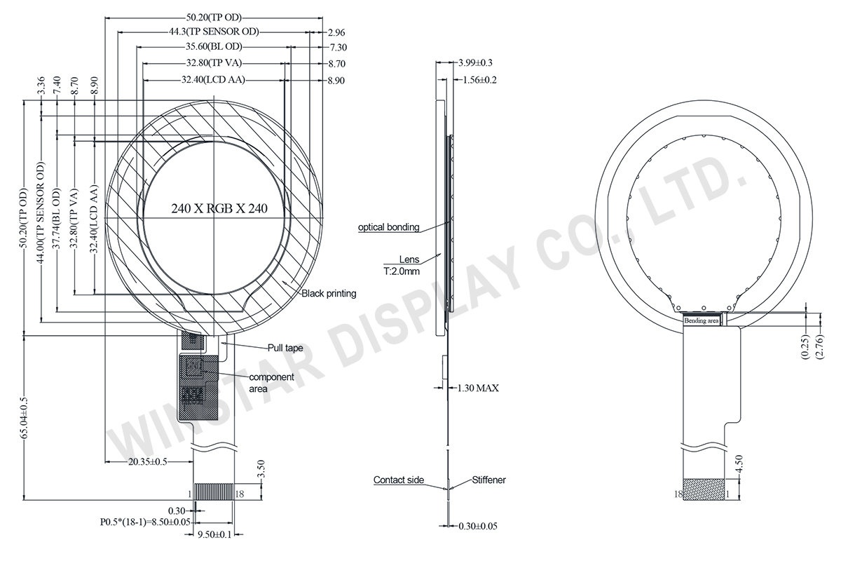 IPS 240x240 TFT Display, TFT 240x240 IPS, GC9A01 Display with PCAP - WF0128BTYAA4DNF10