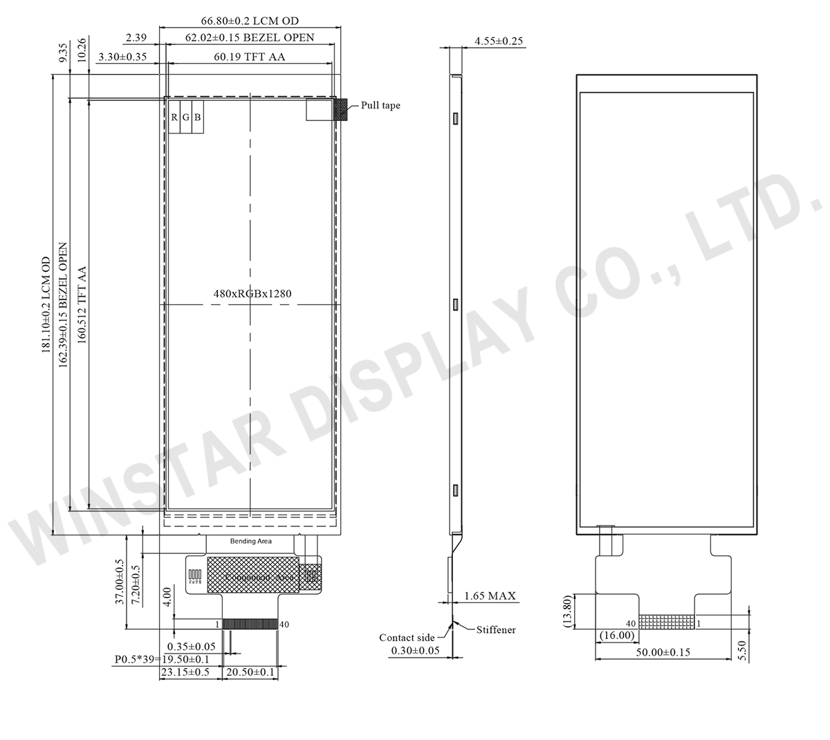 6.75 inch Bar Type TFT LCD Display 480x1280 LVDS Interface - WF0675ATYAB6LNN0