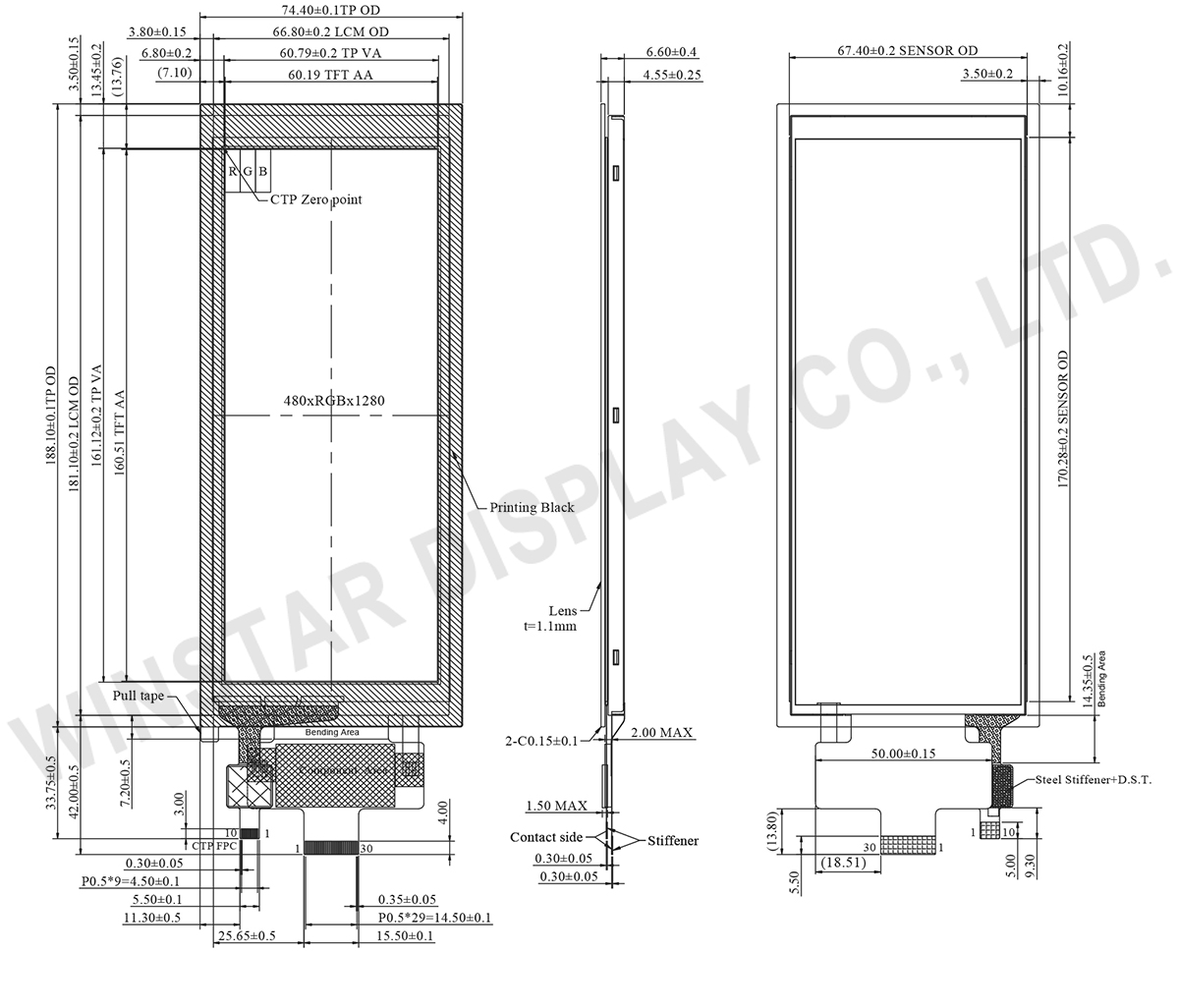 6.75 inch Bar Type TFT LCD 480x1280 MIPI with CTP(5 Finger) - WF0675ATYAB6MNG0