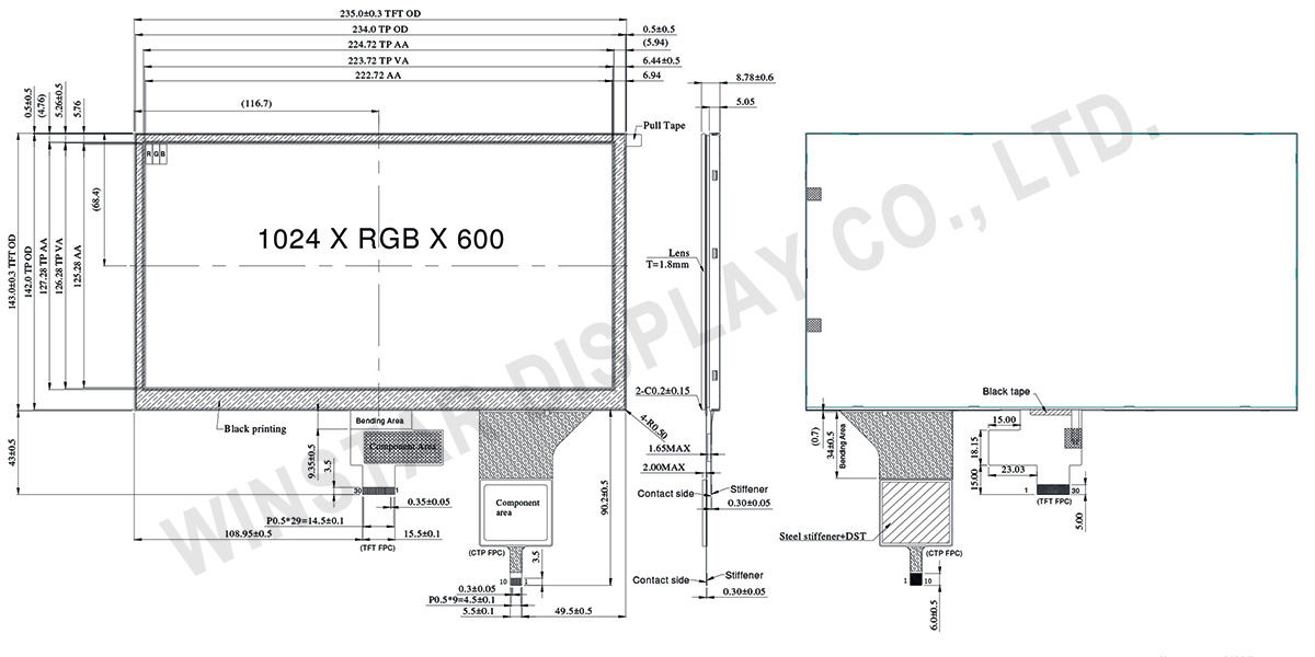 IPS Touch Display, TFT IPS Touch Display – 10.1-inch, 1024x600, MIPI Interface, PCAP - WF101JTYAHMNB0
