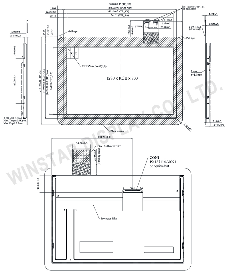 12.1 inch 1280x800 LVDS IPS TFT LCD Module with Capacitive Touch - WF121BTXAPLNBA